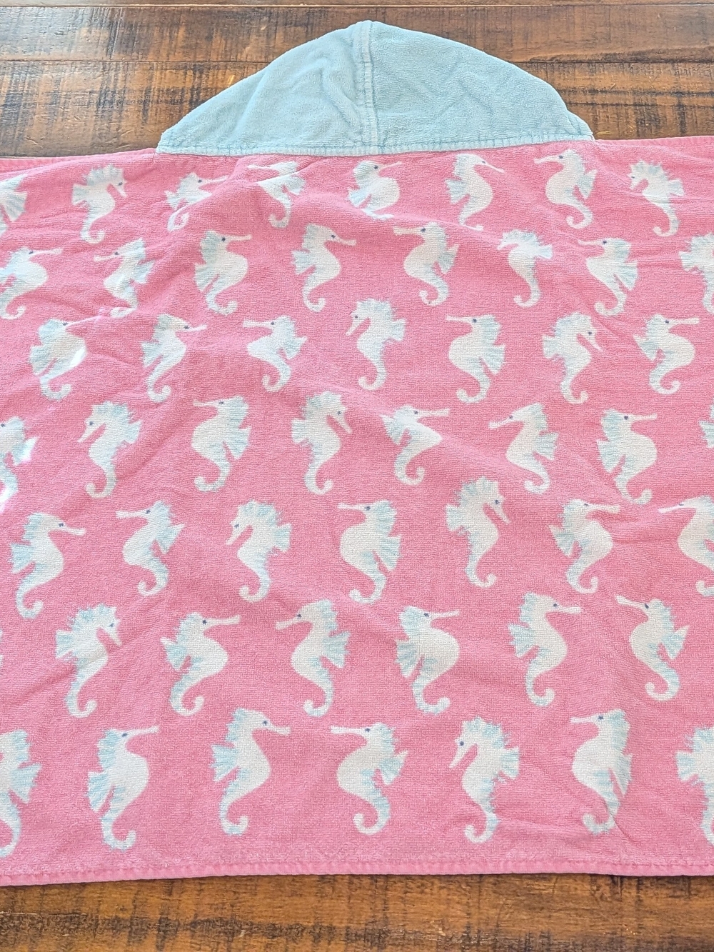Pottery Barn Kids Infant Pink Hooded Towel with Light Blue Seahorse Print, Hood
